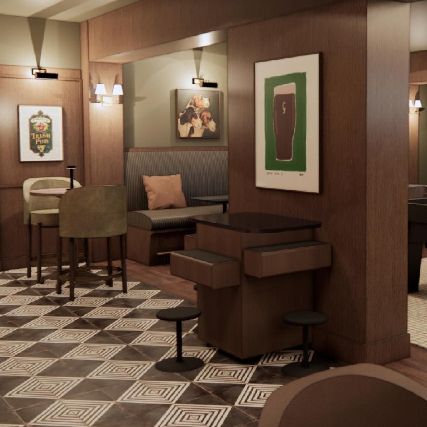 a room with tables and chairs